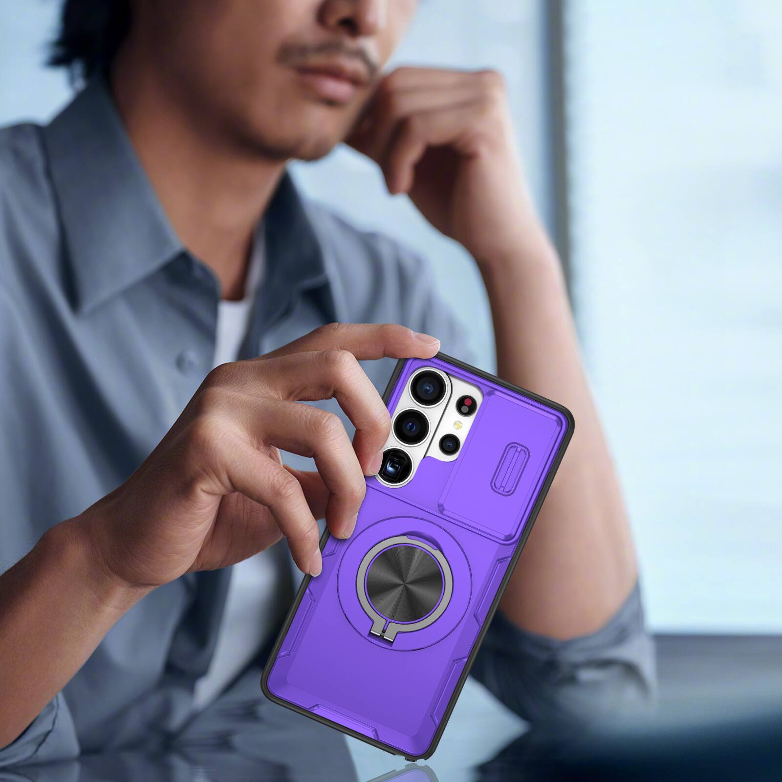 Alt View 4. UUCOVER - For Samsung Galaxy S26 Ultra Heavy Duty Case with Slide Camera Cover, Rotatable Magnetic Ring Kickstand Shockproof Cover - Purple.