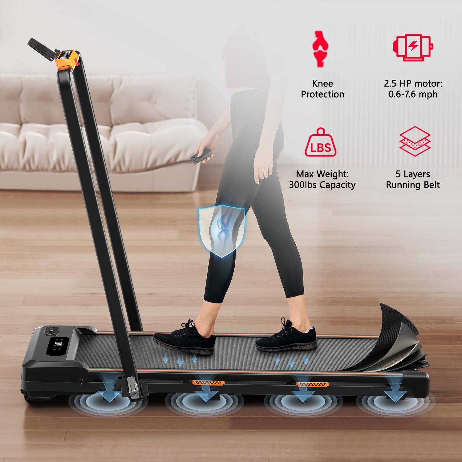 - Knee Protection
- 2.5 HP motor: 0.6-7.6 mph
- Max Weight: 300lbs Capacity
- 5 Layers Running Belt