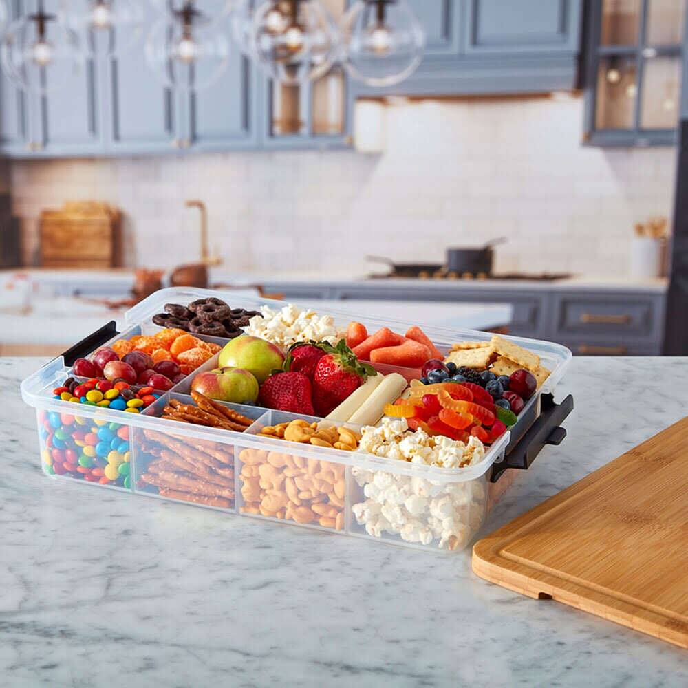 Angle. Farberware - 8x13 Build-A-Board ™ Snacklebox with Locking Plastic Cutting Board Lid - Bamboo.