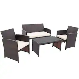 Costway - 4PCS Patio Rattan Furniture Set Cushioned Chair Sofa Coffee Table - White