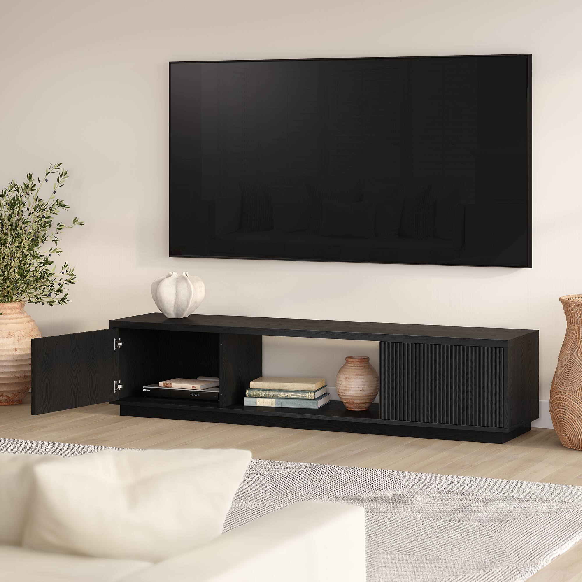 Alt View 4. Hudson&Canal - Dorian Rectangular Fluted TV Stand for TV's up to 78" in Black Grain - Black Grain.
