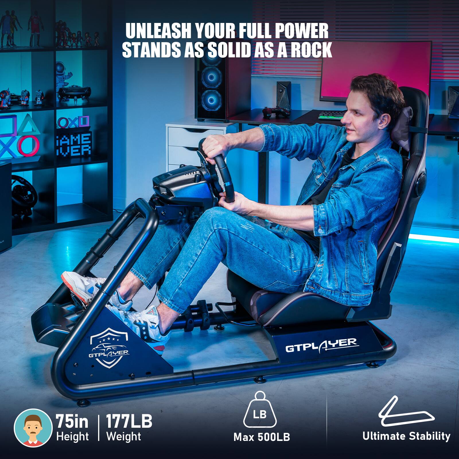 UNLEASH YOUR FULL POWER STANDS AS SOLID AS A ROCK. XO GAME CHAIR XO GTPLAYER GTPLAYER GTPLAYER 75in | 177LB Height Weight LB Max 500LB Ultimate Stability