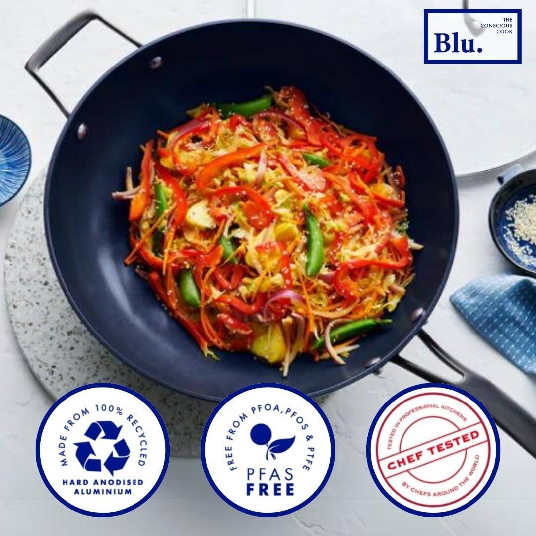 THE CONSCIOUS COOK  
Blu.  

MADE FROM 100% RECYCLED HARD ANODISED ALUMINIUM  
FREE FROM PFOA, PFOS & PTFE  
PFAS FREE  
TESTED IN PROFESSIONAL KITCHENS  
CHEF TESTED BY CHEFS AROUND THE WORLD