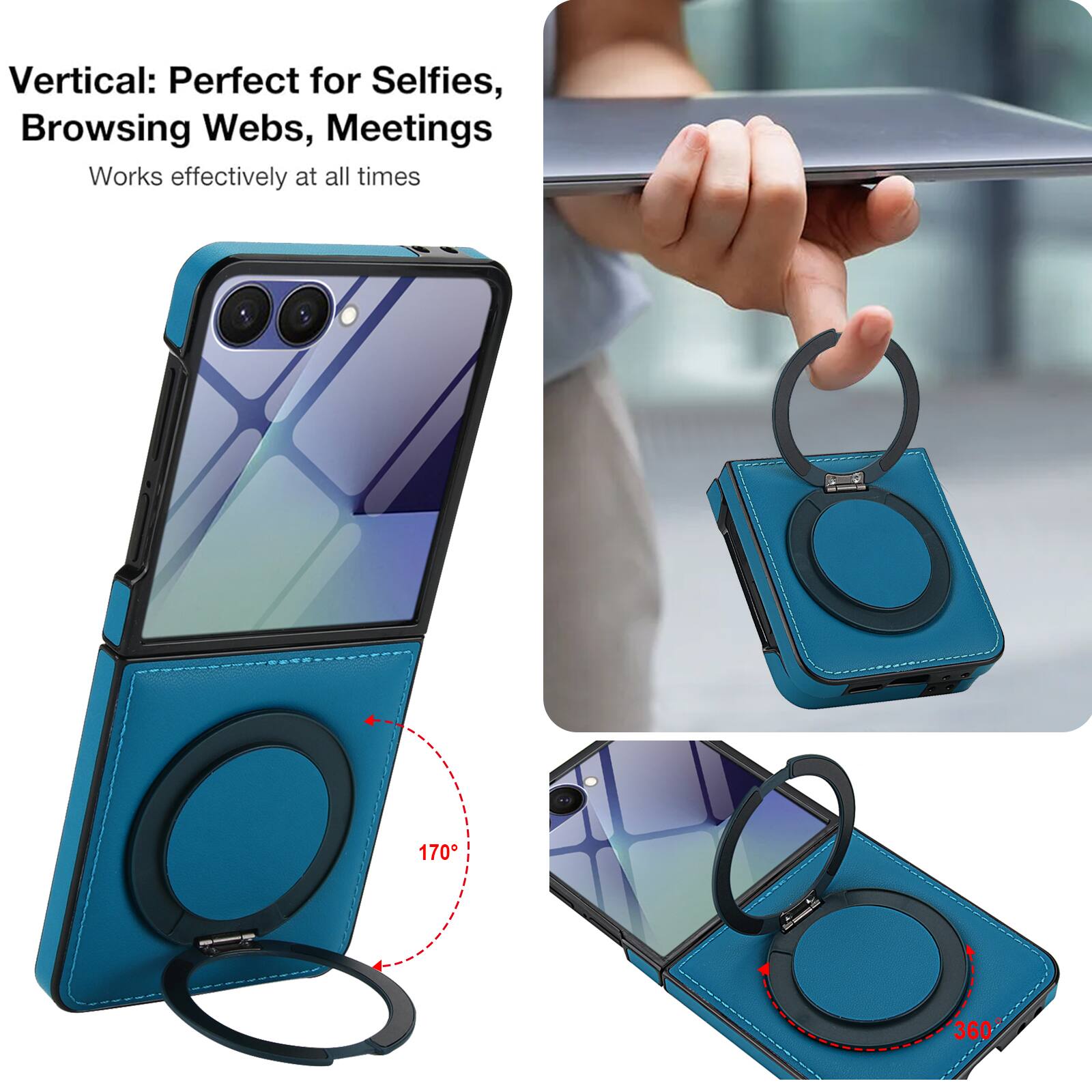 Vertical: Perfect for Selfies, Browsing Webs, Meetings  
Works effectively at all times  

170°  
360°