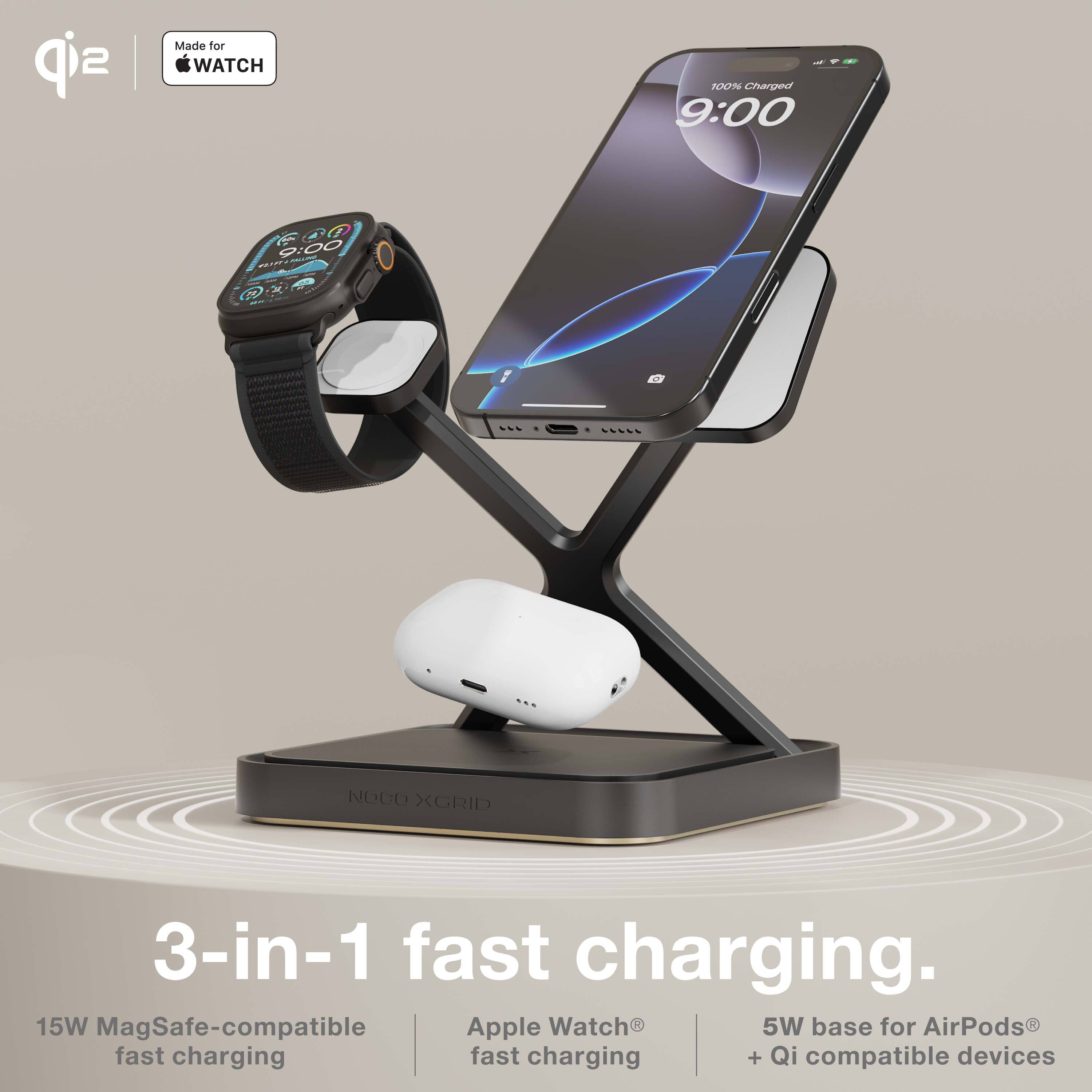 Made for WATCH

3-in-1 fast charging.

15W MagSafe-compatible fast charging

Apple Watch® fast charging

5W base for AirPods® + Qi compatible devices