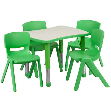 Front. Emma + Oliver - 21.875"W x 26.625"L Rectangular Plastic Height Adjustable Activity Table Set with 4 Chairs - Green.