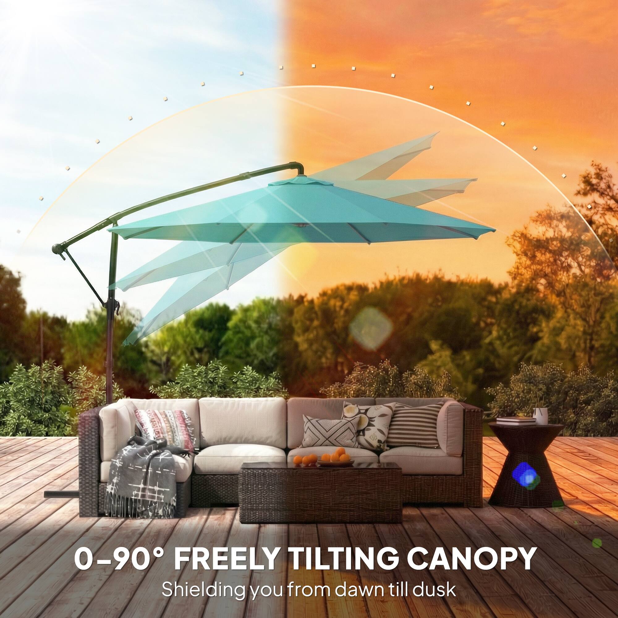 0-90° FREELY TILTING CANOPY  
Shielding you from dawn till dusk