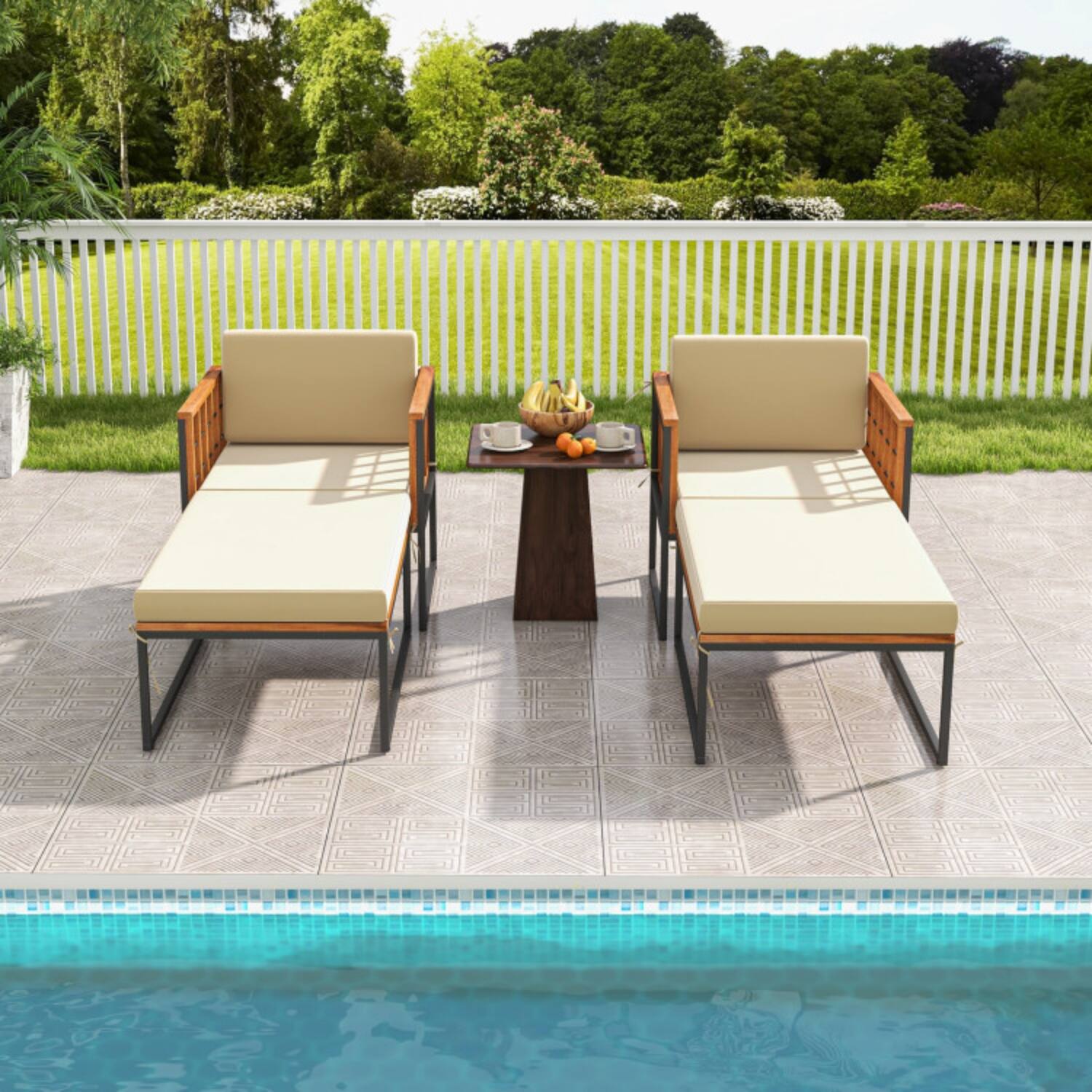 Alt View 2. Mondawe - Patio Acacia Wood Armchair w Long Ottoman & Cushions 400 lbs Chair / 800 lbs Ottoman - Beige.