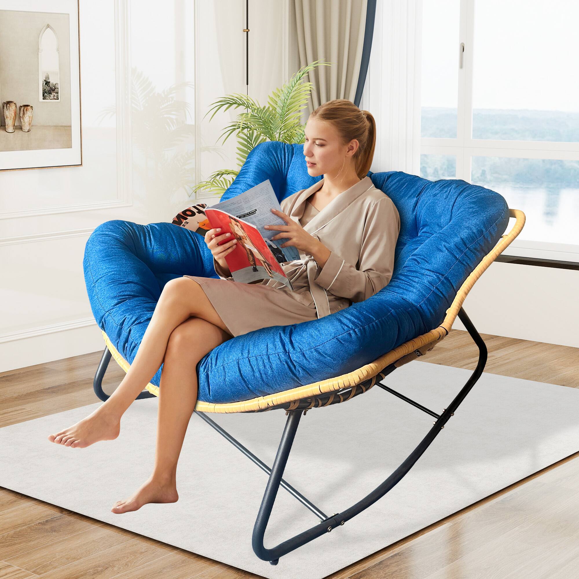 Angle. Trinkets Crazed - Larger Outdoor Rocking Chair, Patio Egg Rocking Chair, Indoor Papasan Chair, Rattan Wicker Lounge Chair - Dark Blue.