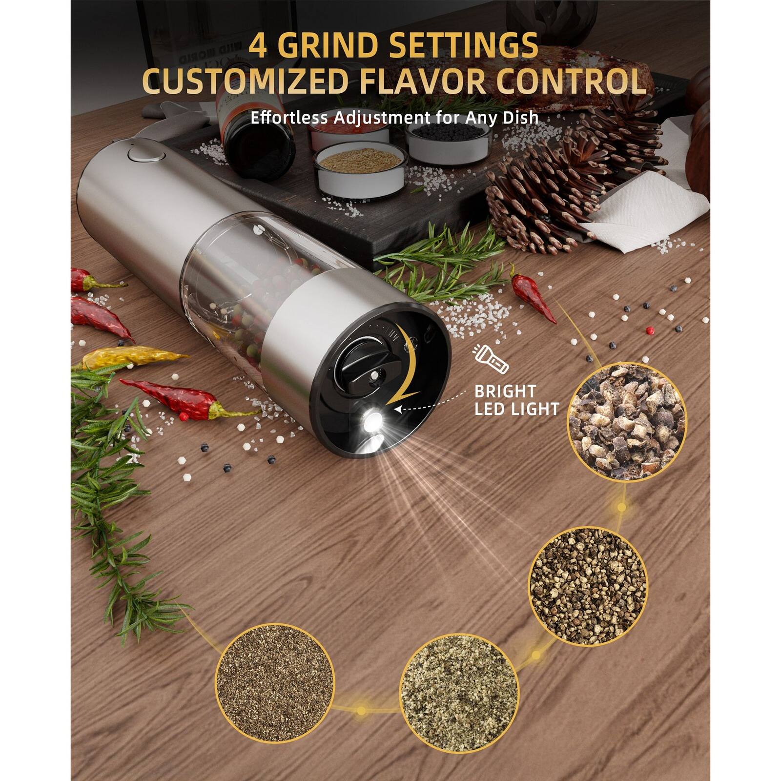 4 GRIND SETTINGS  
CUSTOMIZED FLAVOR CONTROL  
Effortless Adjustment for Any Dish  
BRIGHT LED LIGHT