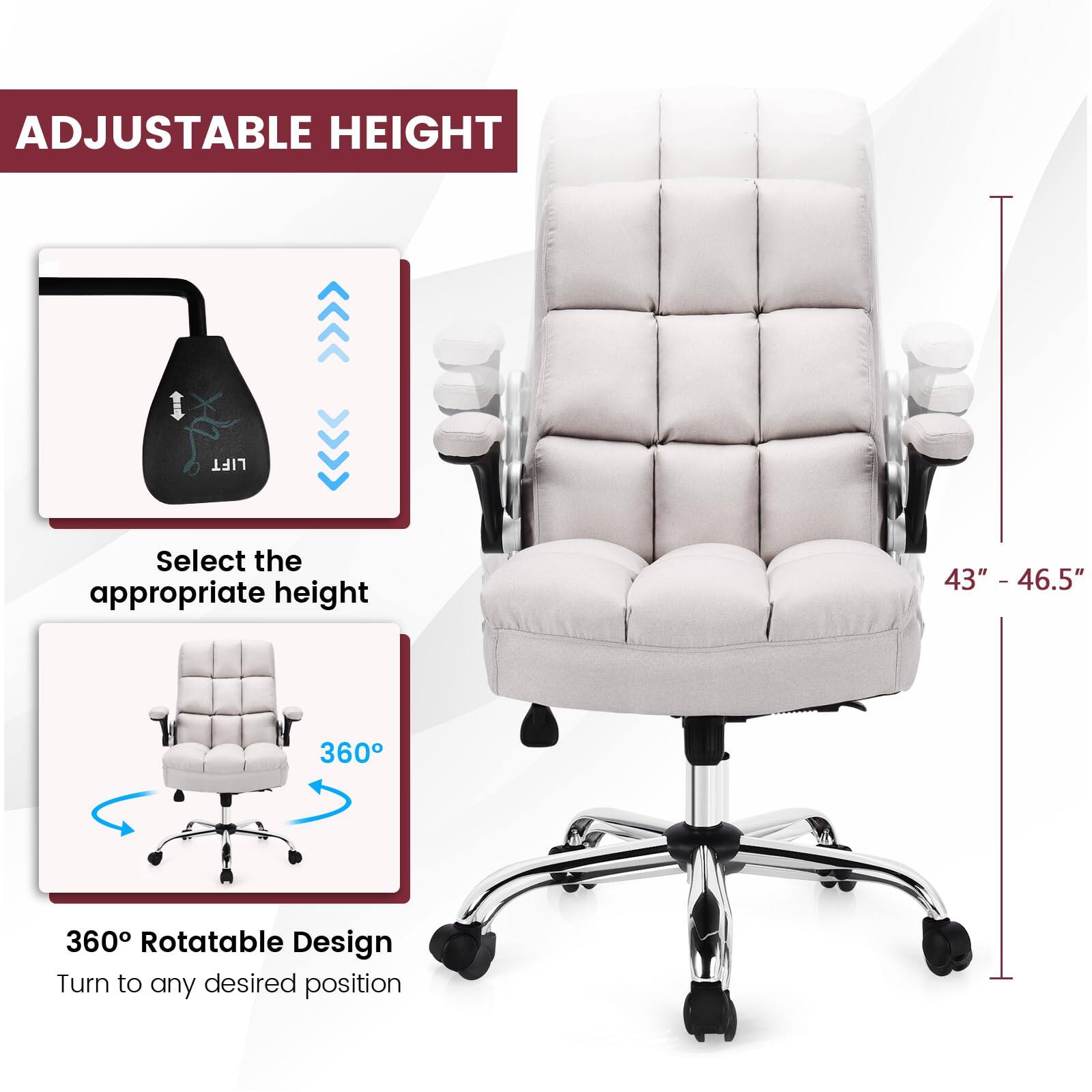 The image features an adjustable height chair with a rotatable design. The chair has a white seat and is accompanied by a black armrest. The chair is designed to provide comfort and support for the user, with the ability to adjust the height and rotate to any desired position. The image also includes a 360-degree rotatable design, allowing the user to change their sitting position easily.