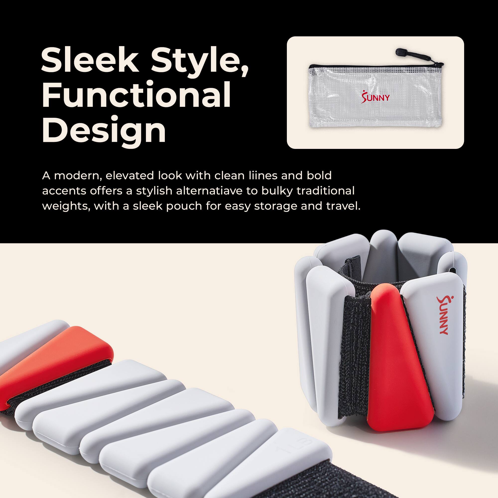Sleek Style, Functional Design

A modern, elevated look with clean lines and bold accents offers a stylish alternative to bulky traditional weights, with a sleek pouch for easy storage and travel.