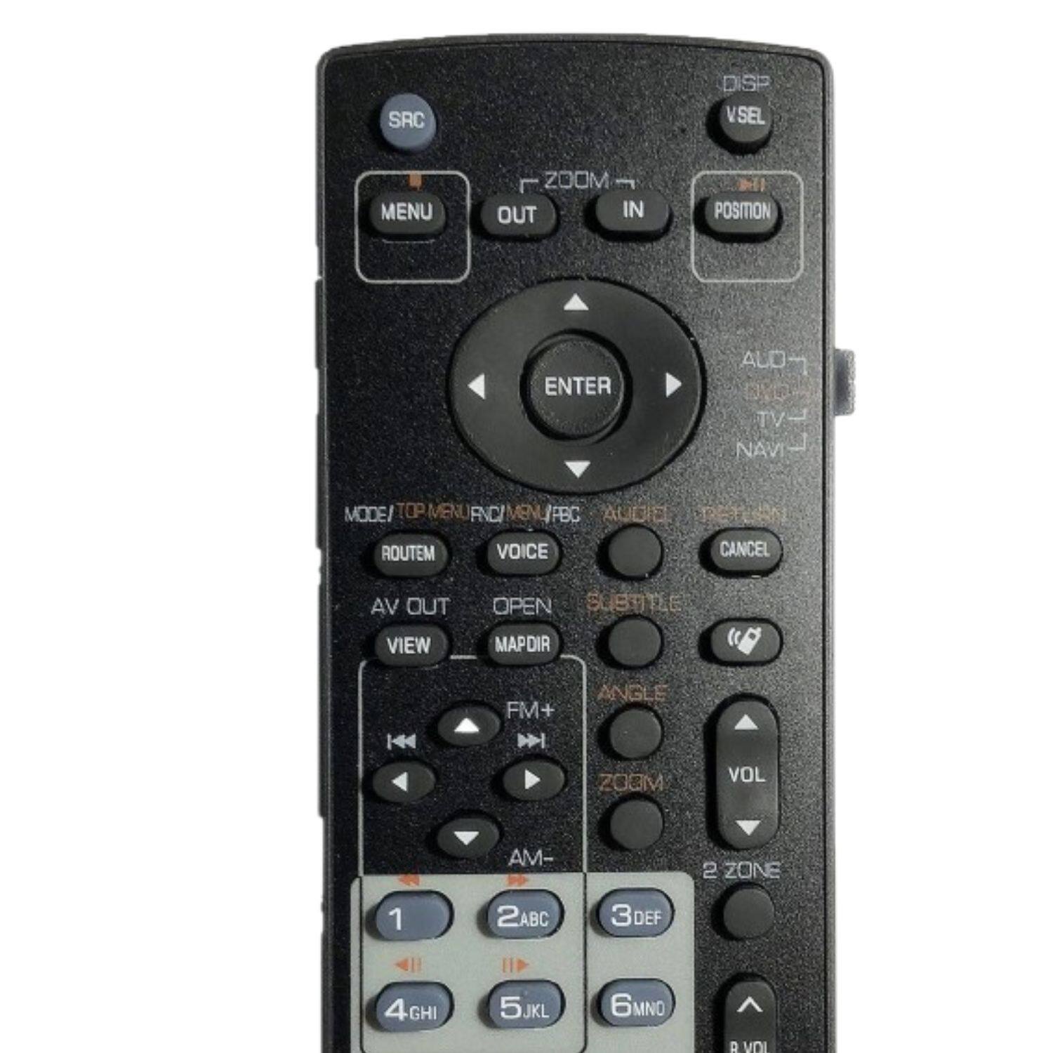 SAC DISP VSEL MENU ZOOM OUT IN POSITION ENTER ALO- TV- NAVI- MODE/ TOP MENU FNC/MENU/PBC AUDIE ROUTEM VOICE CANCEL VA OUT OPEN SUBTITLE VIEW MAPDIR H FM+ ANGLE ZOOM VOL AM- 2 ZONE 1 2ABC 3DEF 4GHI 5JKL 6MNO