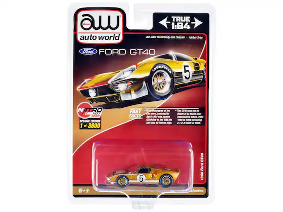 **auto world**
**TRUE 1:64**
- die-cast metal body and chassis
- rubber tires
**FORD GT40**
**NITRO**
**SPECIAL EDITION**
1 of 3600
**FAST FACTS**
- First prototypes of the car were launched in April 1964 and named GT40 due to the fact the car was 40 inches high.
- The GT40 won the 24 Hours of Le Mans four consecutive times, from 1966 to 1969, including a 1-2-3 finish in 1966.
**6+**
**Exclusive**
**1966 Ford GT40**