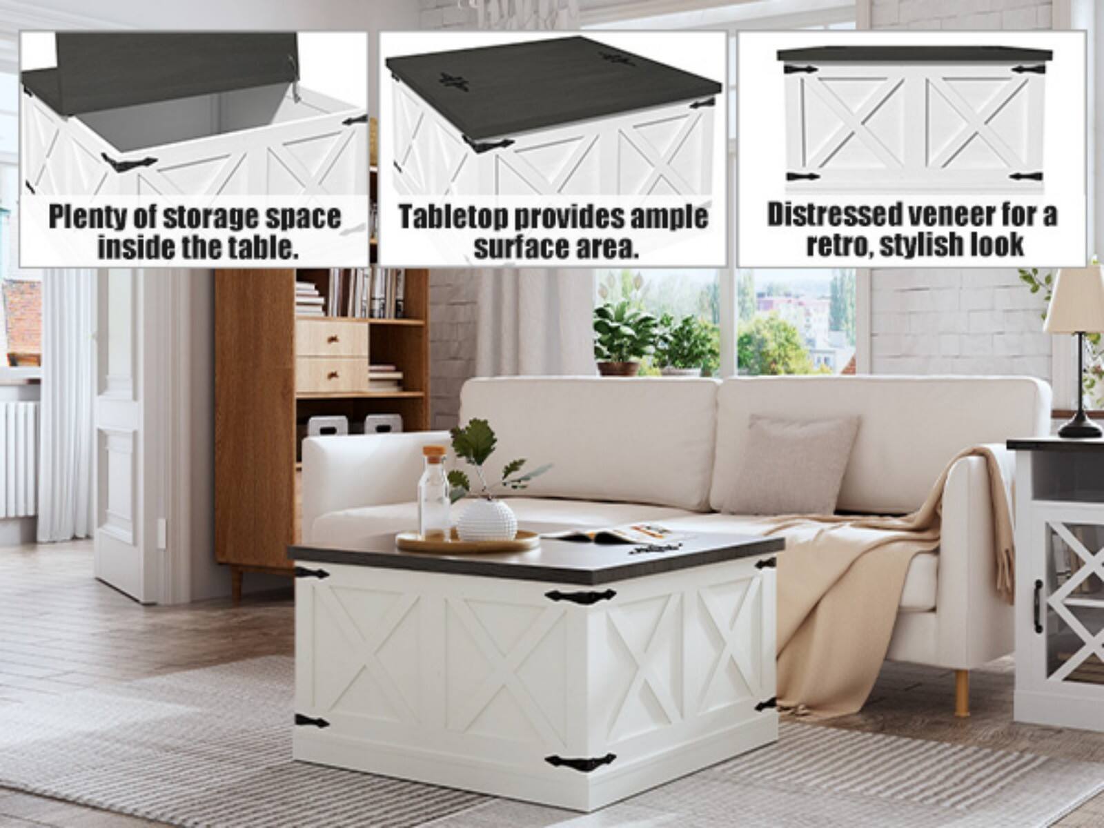 - Plenty of storage space inside the table.
- Tabletop provides ample surface area.
- Distressed veneer for a retro, stylish look.