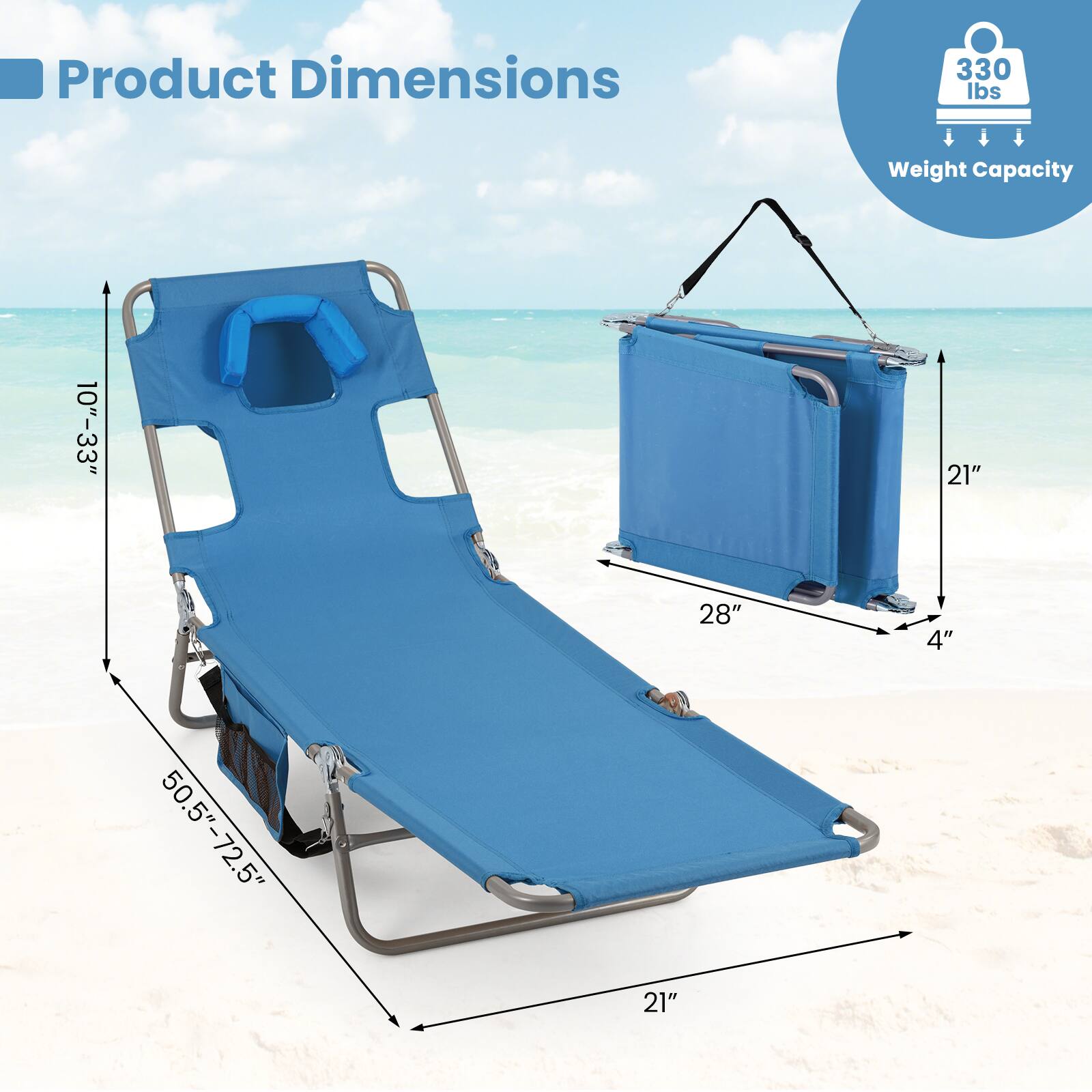 Product Dimensions  
330 lbs Weight Capacity  
10"-33"  
21"  
28"  
4"  
50.5"-72.5"  
21"