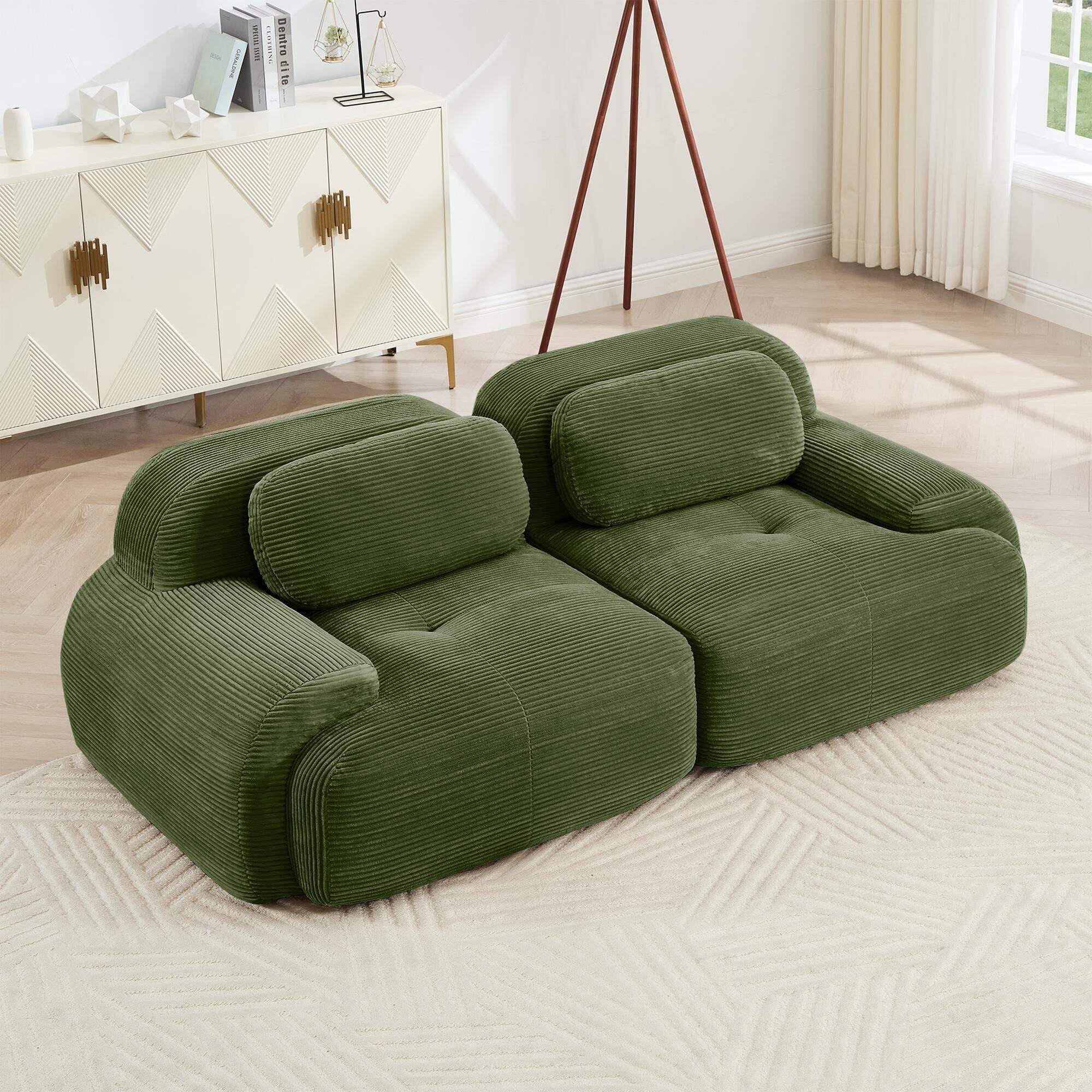 Back. Roomtec - 82 loveseat sofa in luxuryCorduroy Fabric modular for free combo separation curved armrests antislip design - Olive Green.