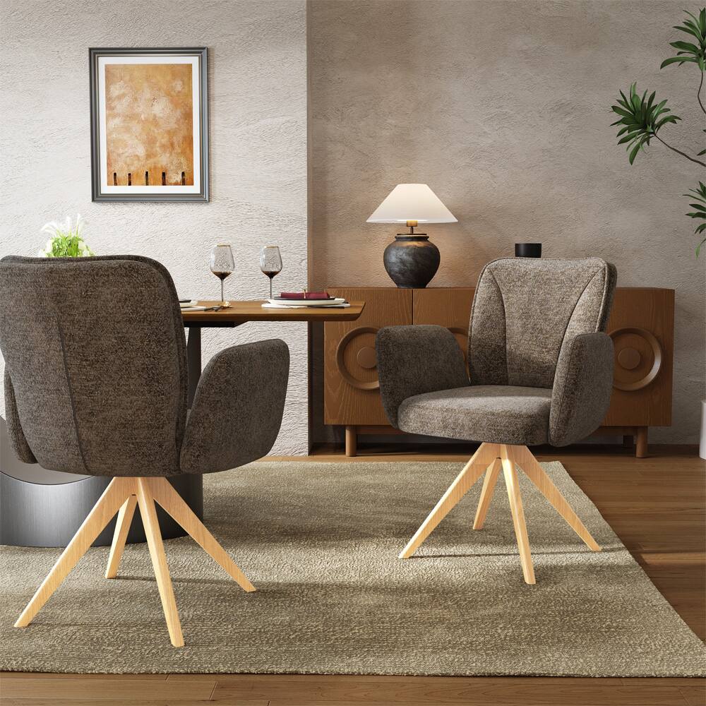 Front. POVISON - Mid-Century Modern Upholstered Swivel Wood Dining Chairs Set of 2, Fabric Armchairs for Dining & Living Room, Brown - Brown & Natural Wood.
