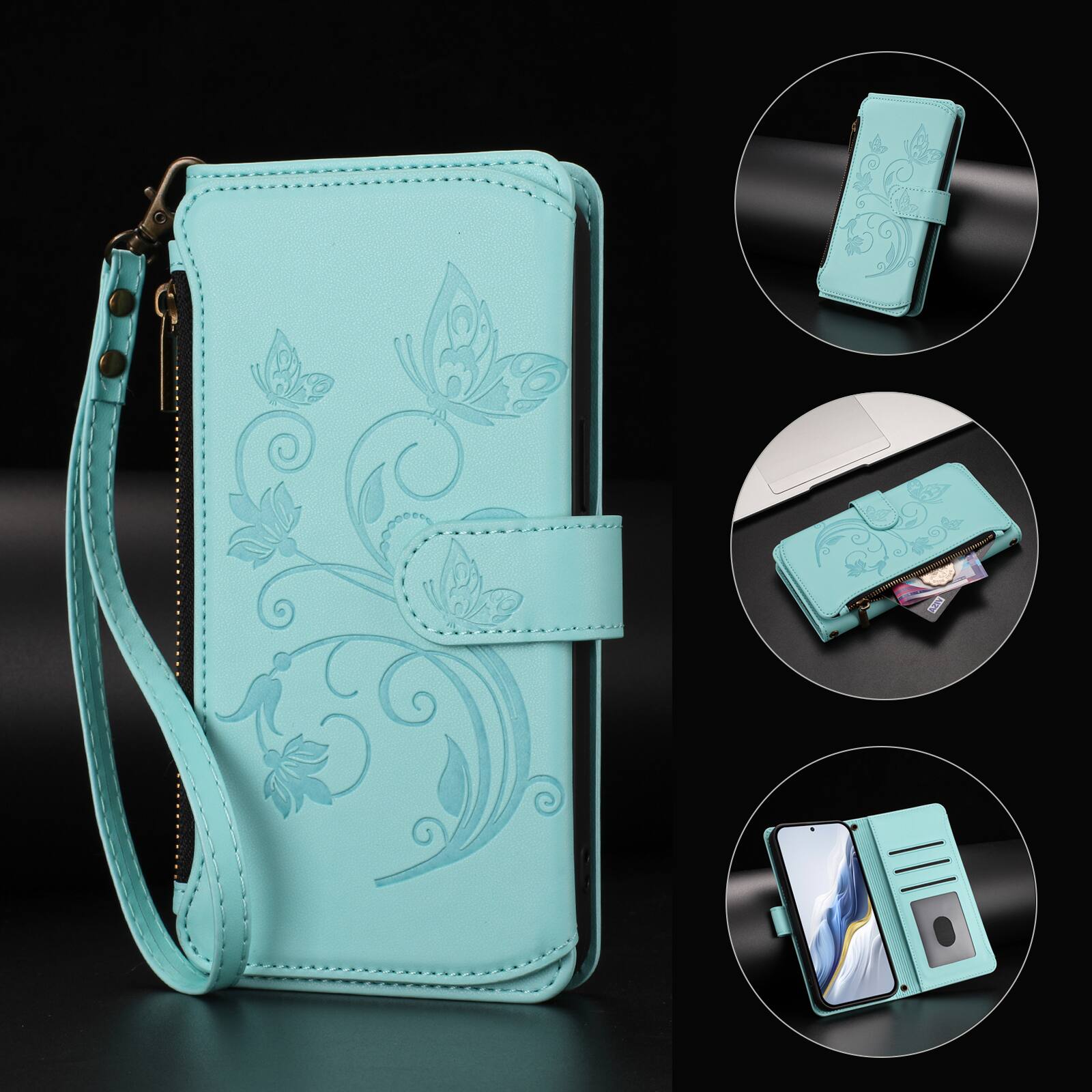 Alt View 5. Dteck - Crossbody Wallet Case for Motorola G Power 5G (2025),Embossed Butterfly Flower Folio Cover with Zipper Pocket+Strap - Green.