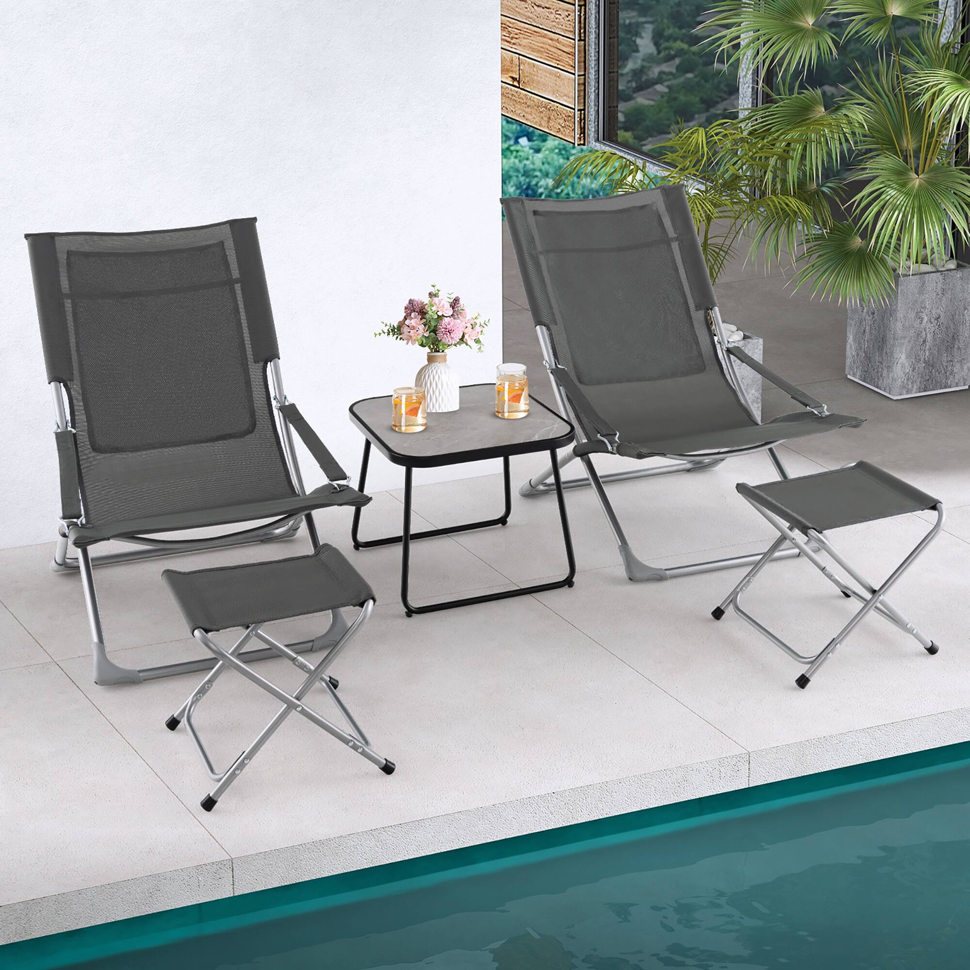 Alt View 3. Gymax - Gymax 5-Piece Patio Sling Chair Set Folding Lounge Chairs w/ Coffee Table Yard Poolside - Grey.