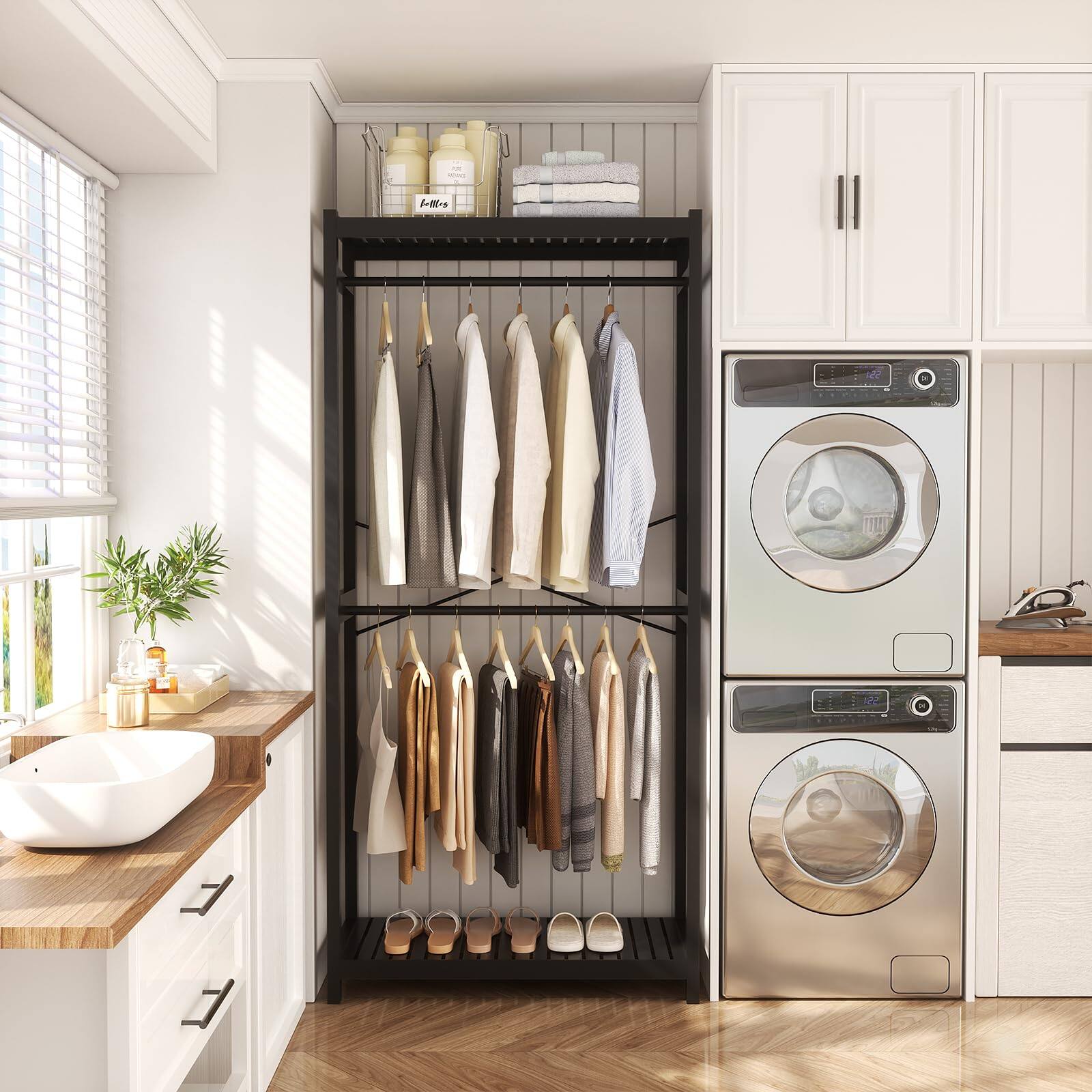 Alt View 3. Hirose Alice - Homykic Bamboo Clothes Rack with Shelves and Double Hang Rods  Closet System Garment Rack for Hanging Clothes - Natural I Single.