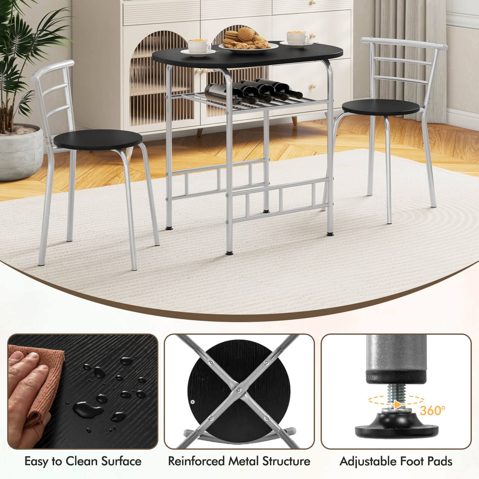 3-Piece Bistro Dining Set - Black Oval Table & 2 Chairs Kitchen Breakfast Nook