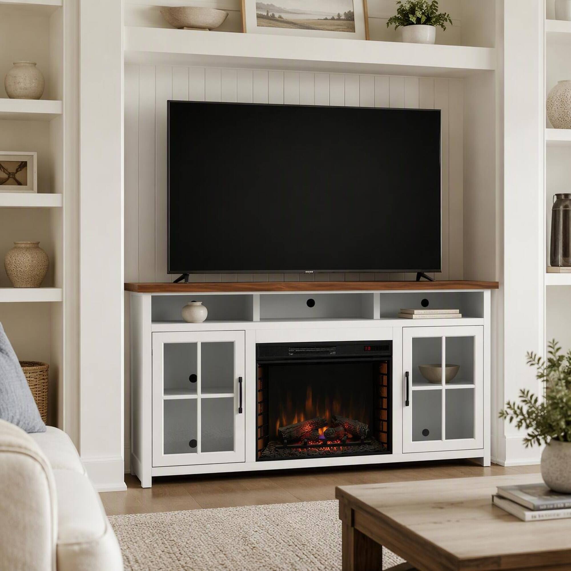 Front. RYHNUYNE - 74 Inch Farmhouse Fireplace TV Stand, Fits Up To 85 Inch TVs For Cozy Living Room Media Storage Warm Decor - White.