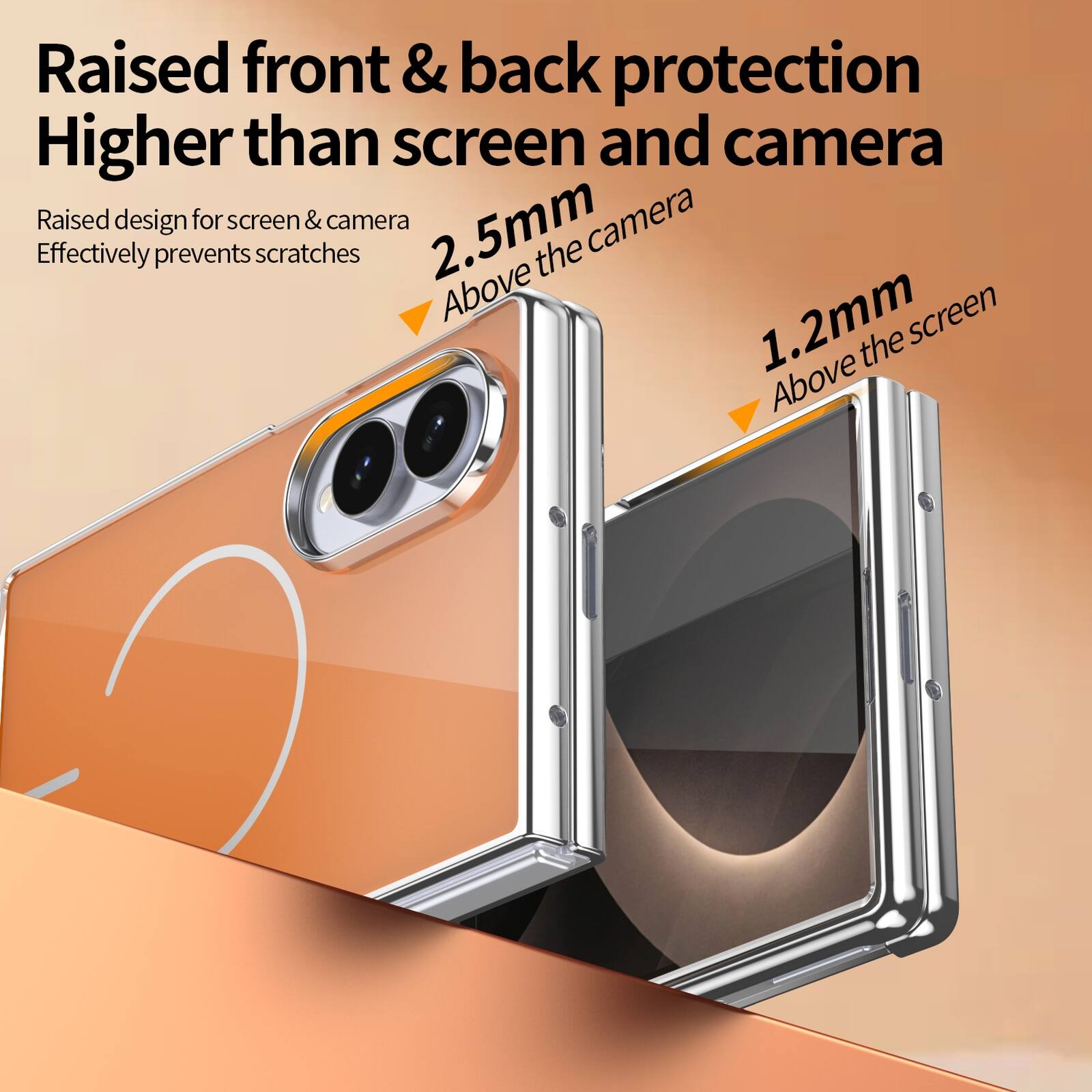 Raised front & back protection  
Higher than screen and camera  

Raised design for screen & camera  
Effectively prevents scratches  

2.5mm  
Above the camera  

1.2mm  
Above the screen