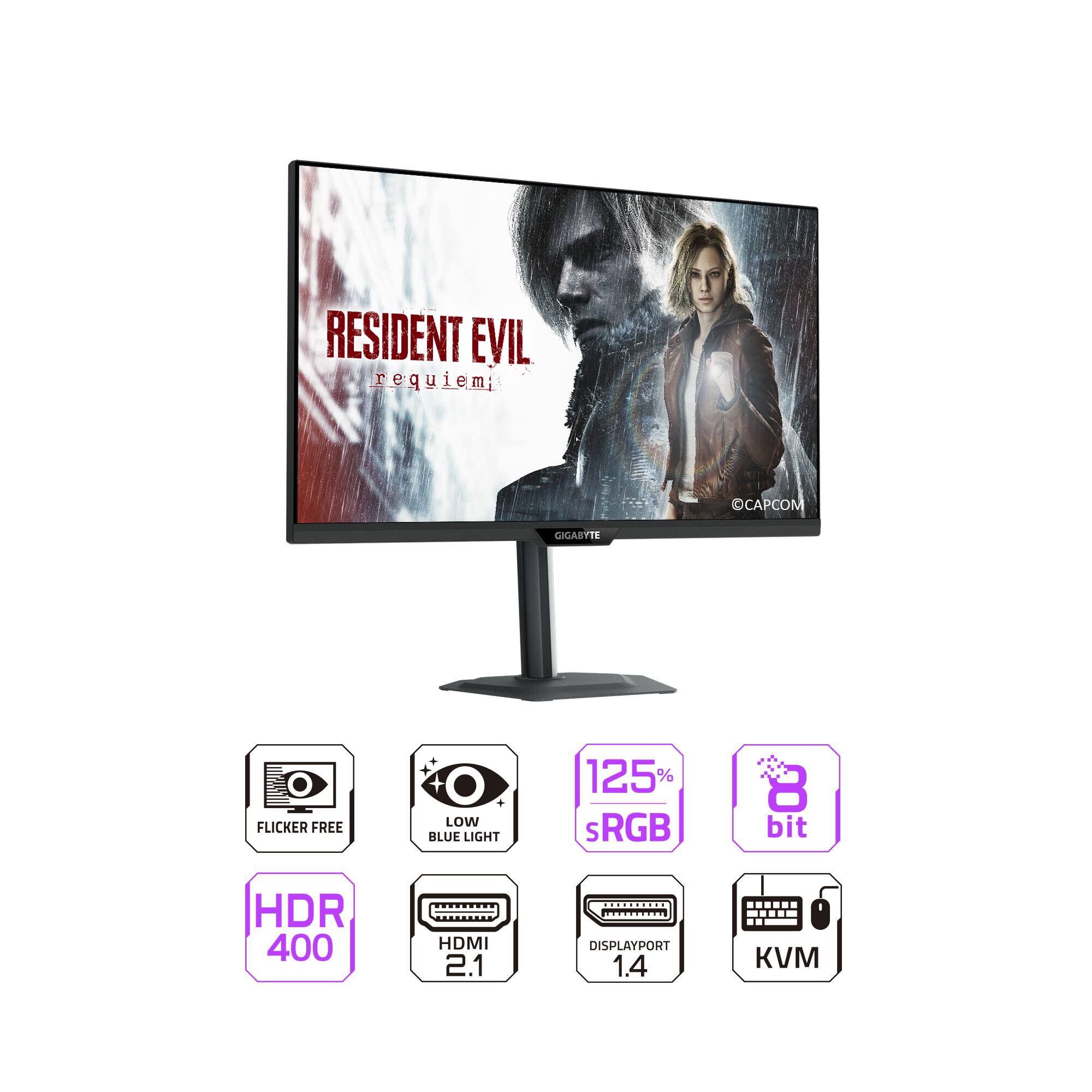 RESIDENT EVIL requiem  
GIGABYTE  
FLICKER FREE  
LOW BLUE LIGHT  
125% sRGB  
8 bit  
HDR 400  
HDMI 2.1  
DISPLAYPORT 1.4  
KVM