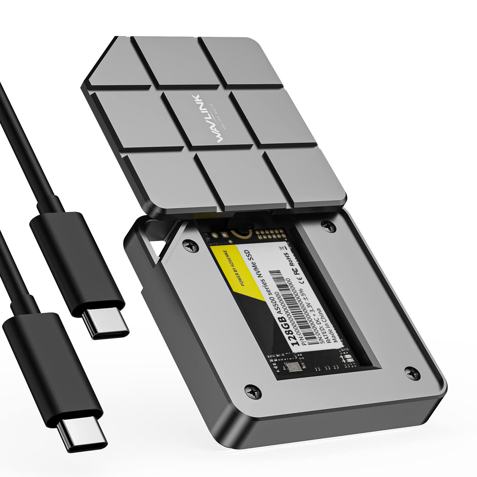 WAVLINK  
MI AOSENKE SSD RoHS BY POWER NVMe FC CE series  
128GB  
RATED: 3.3V  
China DC in  
Made