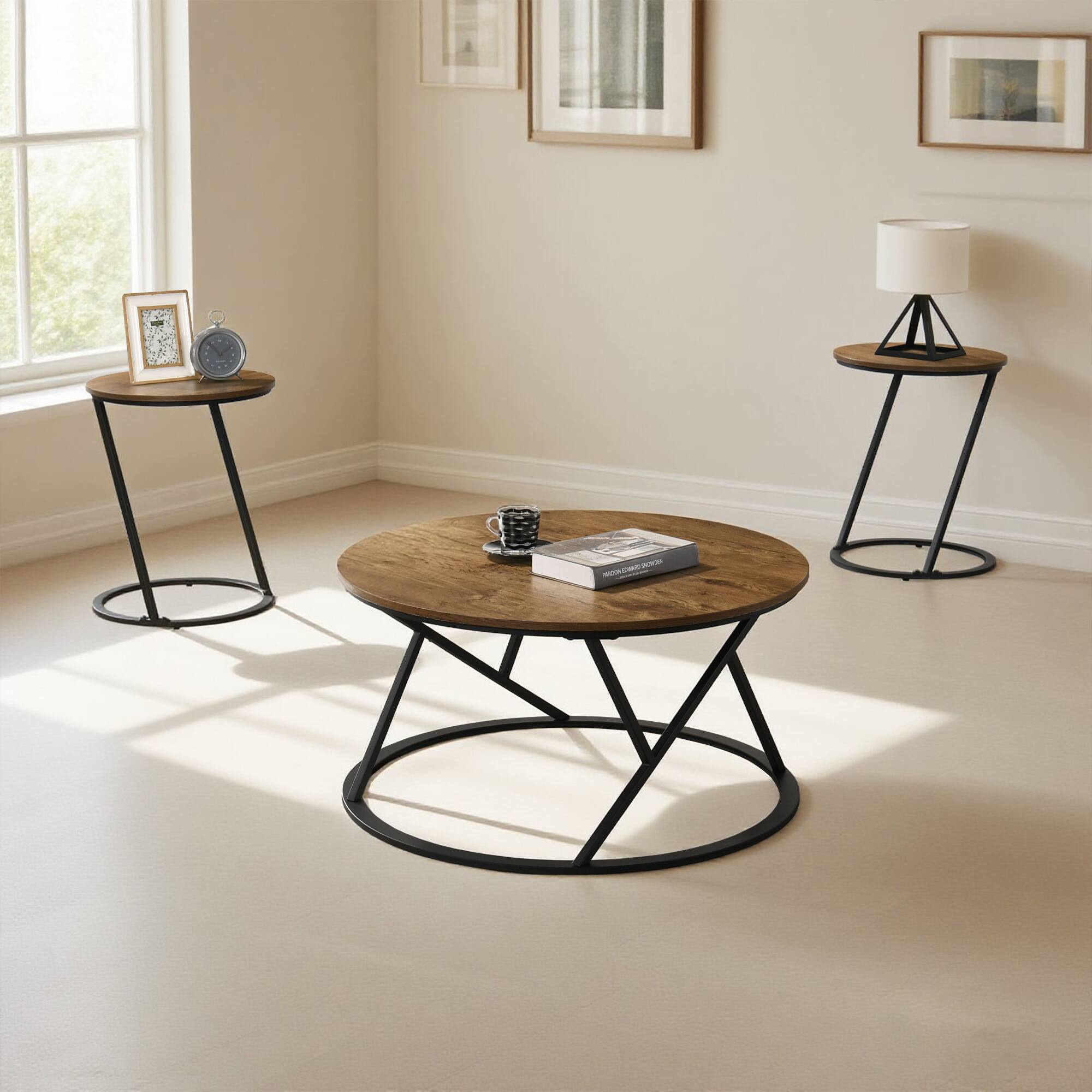 Left. Vaczon - Modern Natural 3 Pc Living Room Table Set with Artistic Metal Base, Coffee Table, and 2 End Tables - Natural.