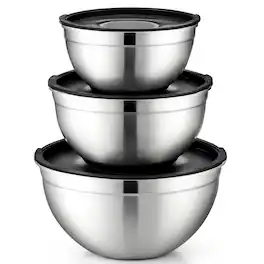 Luminuxe - Stainless Steel Mixing Bowls with Lids, 3‑Pc Rust‑Resistant Nonslip Nesting Set for Cooking & Baking