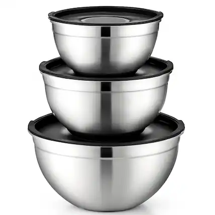 Front. Luminuxe - Stainless Steel Mixing Bowls with Lids, 3‑Pc Rust‑Resistant Nonslip Nesting Set for Cooking & Baking.