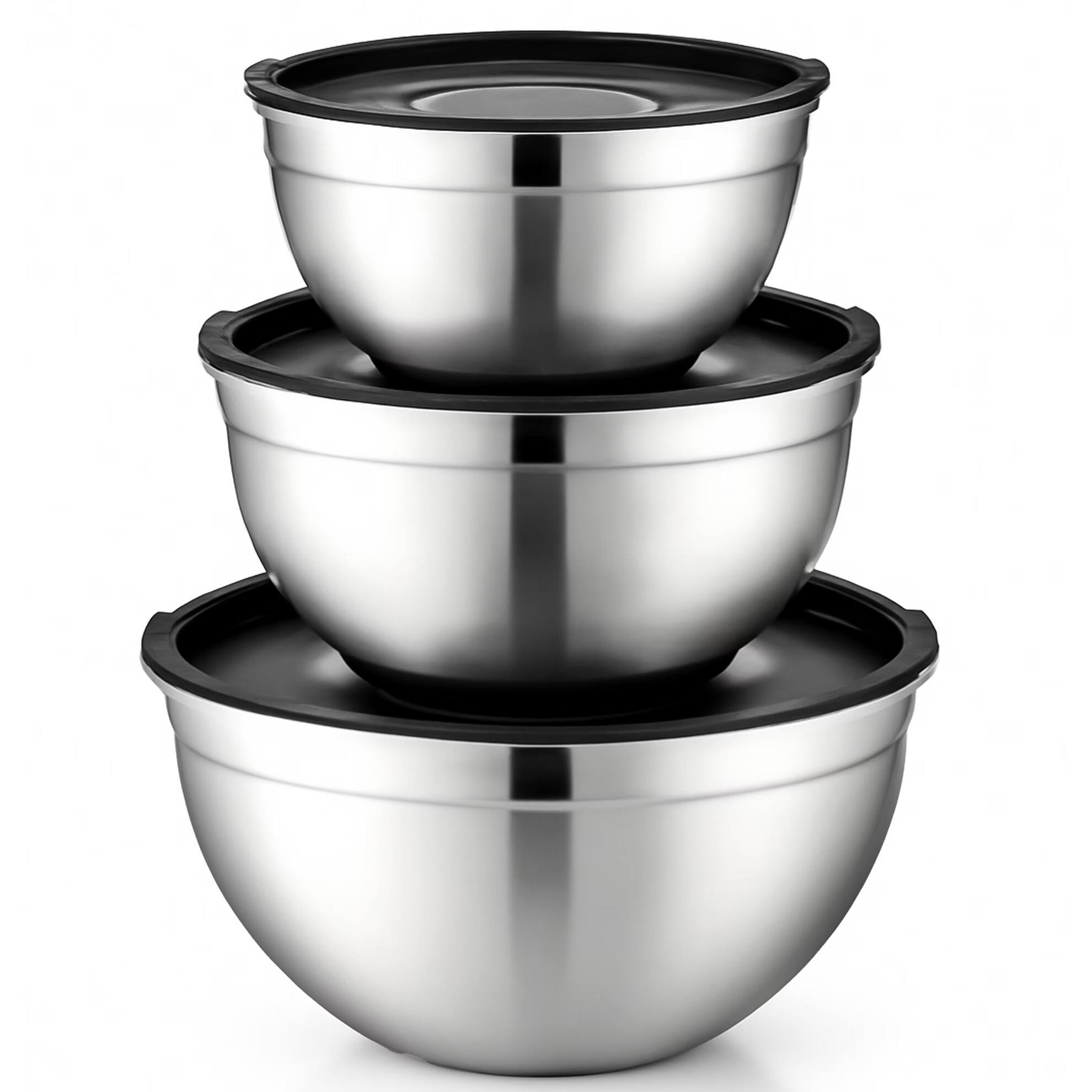 Front. Luminuxe - Stainless Steel Mixing Bowls with Lids, 3‑Pc Rust‑Resistant Nonslip Nesting Set for Cooking & Baking.