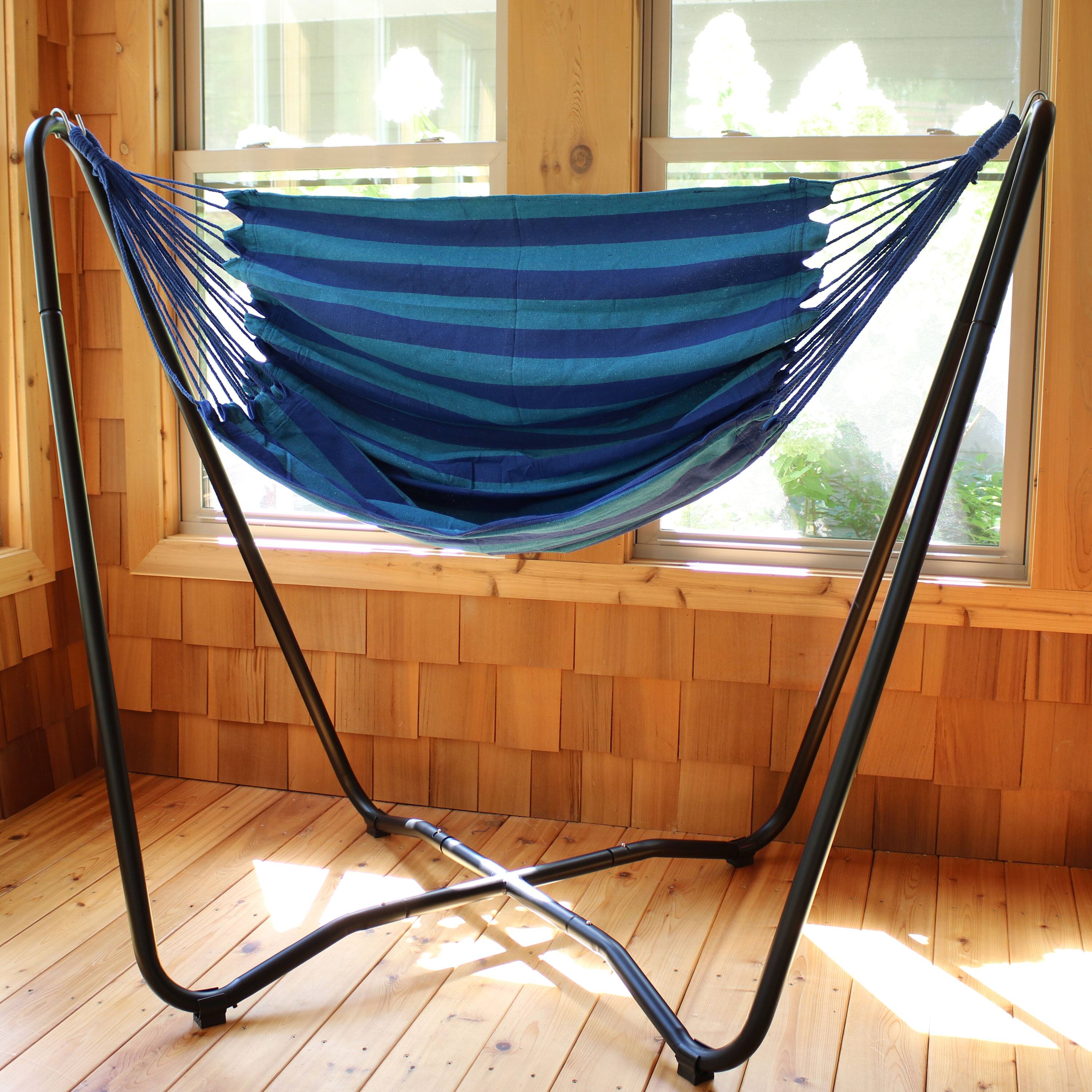 Alt View 3. Sunnydaze - Cotton Hammock Chair with Space Saving Steel Stand - Beach Oasis.