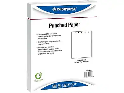 PrintWorks Professional
Punched Paper
Guaranteed for use on all laser, inkjet, and digital printers and copiers
Bright, high quality paper with clean punches
Ideal for any punched applications including charts, medical reports, patent records, and healthcare forms
Hole #04108
5-Hole Top Punched
500 sheets
20 lb
92 brightness
8 1/2" x 11"
Elevated Green
www.elevatedgreen.com