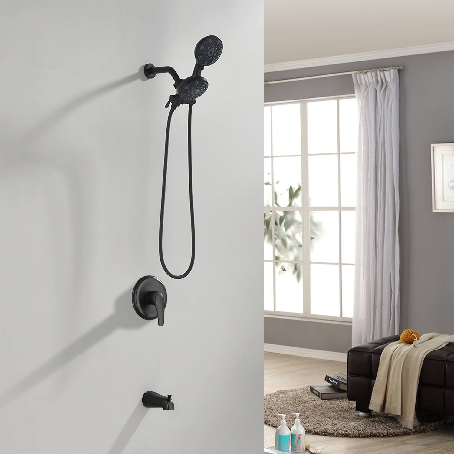 Alt View 2. Boyel Living - Matte Black Shower Set with Pressure Balance Valve 6 Function Dual Shower Heads and Tub Spout - Matte Black.
