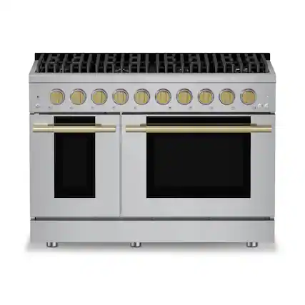 Front. Hauslane - HausPro 48 in. 8 Burners (20,000 BTU) Freestanding Gas Range Range - Satin Brass.
