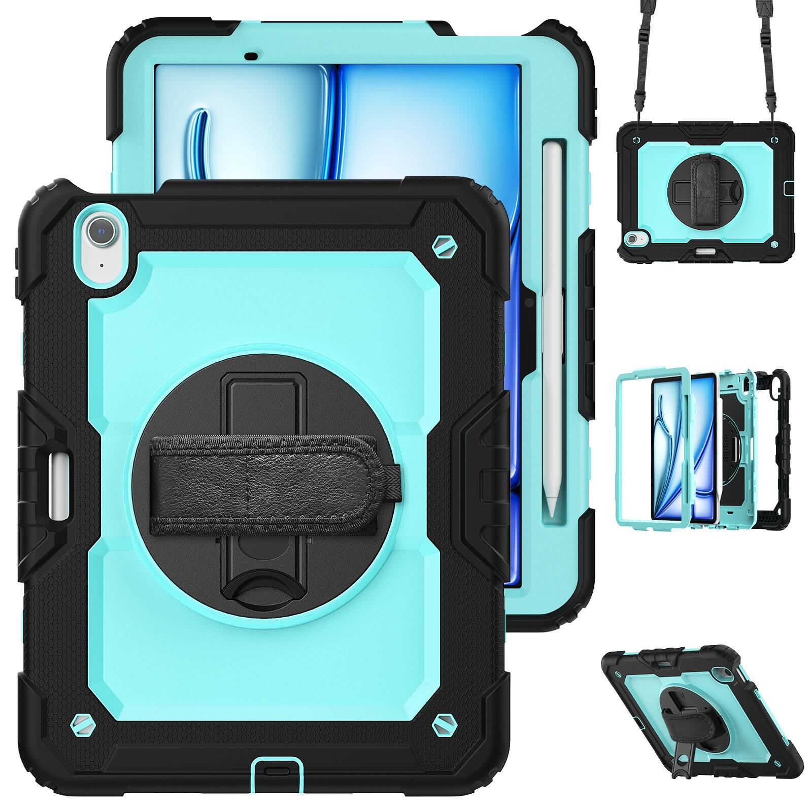 UUCOVER - Full Body Case for iPad Air 11-inch M4/M3/M2 Shockproof Built-in Screen Protector Stand with Hand/Shoulder Strap Cover - Mint+Black