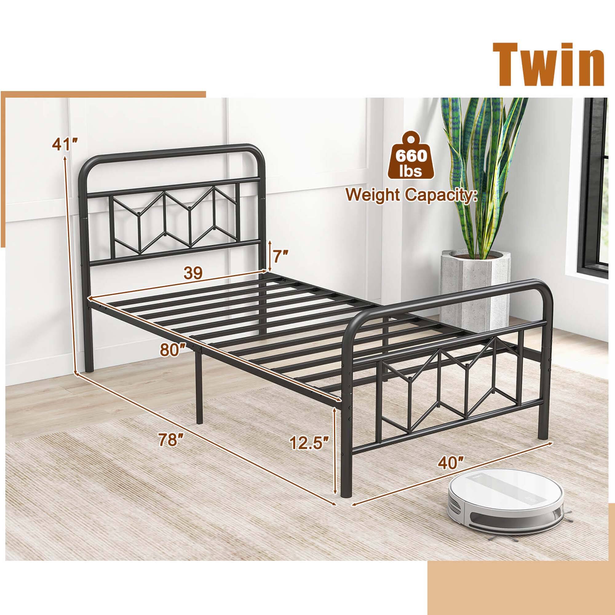 Twin bed with a weight capacity of 660 lbs. The dimensions of the bed are 41" x 78".