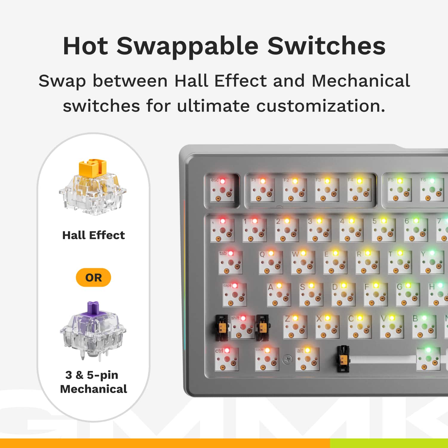 Hot Swappable Switches Swap between Hall Effect and Mechanical switches for ultimate customization.
F1 F2 FS T FS + FA - - Hall Effect 1 2 4 . 5 - 6 - 7 I tab Q W E R T Y OR A S F G H - Z X C V B ctrl . . . 3 & 5-pin Mechanical