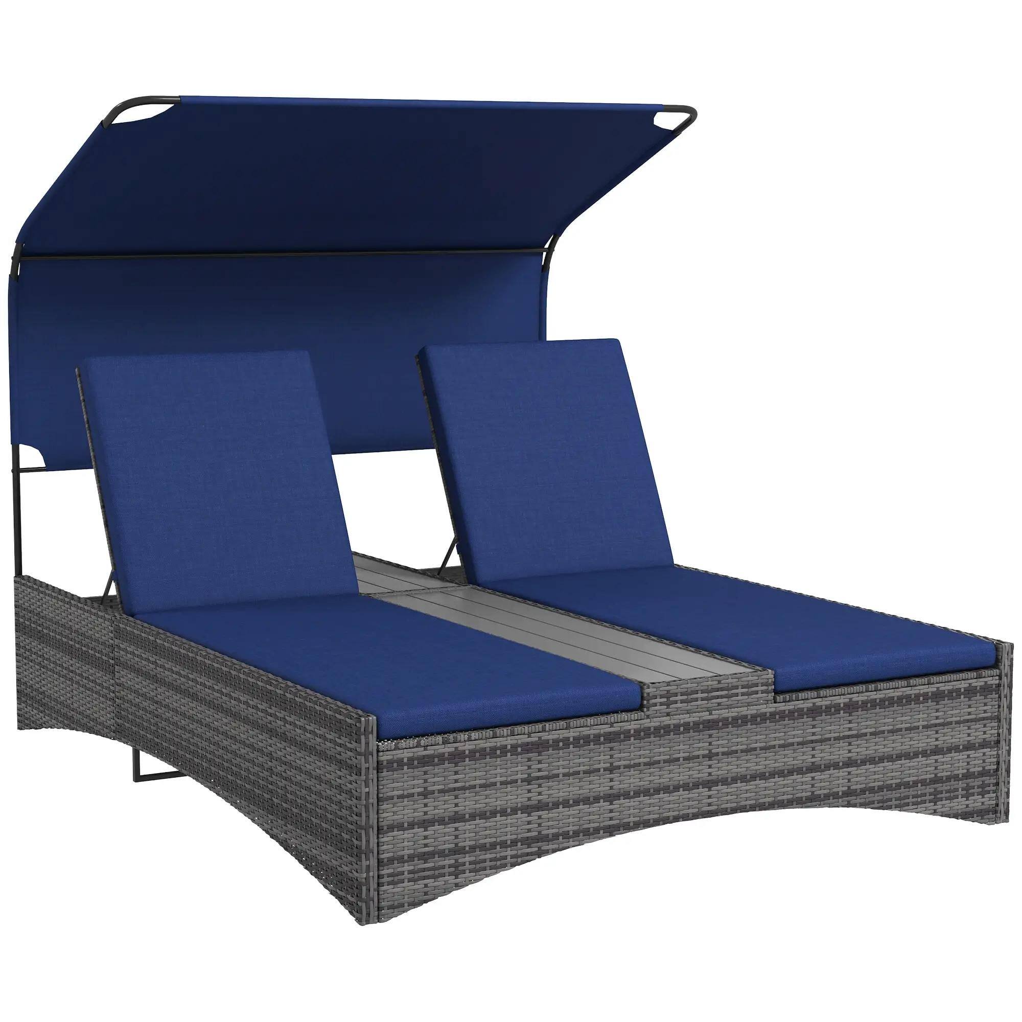 Angle. Resenkos - Resenkos Outdoor Elegance PE Rattan Double Chaise Lounge, Reclining Daybed With Canopy, Dark Blue - Dark Blue.