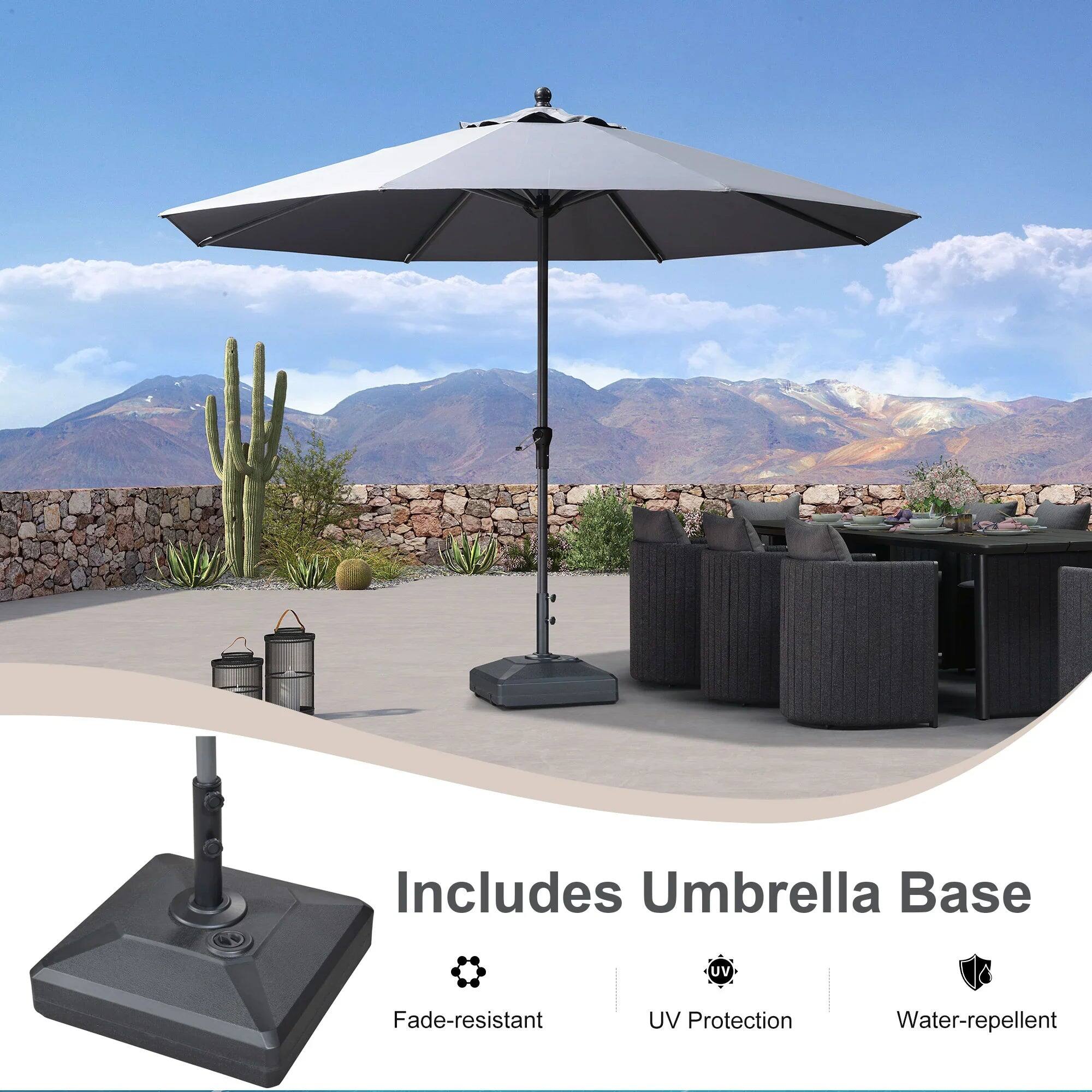 Includes Umbrella Base  
- Fade-resistant  
- UV Protection  
- Water-repellent