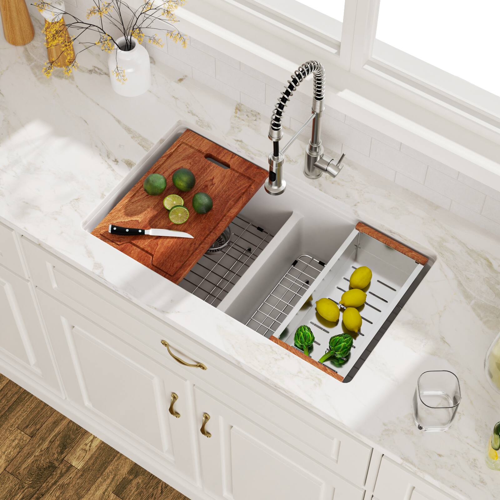 Left. Lordear - 33x19x10 Inch White Granite Composite Undermount kitchen Sink 50/50 Double Bowl Quartz Kitchen Sink - White.
