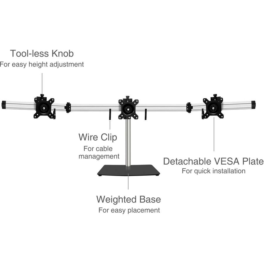 Tool-less Knob For easy height adjustment  
Wire Clip For cable management  
Detachable VESA Plate For quick installation  
Weighted Base For easy placement