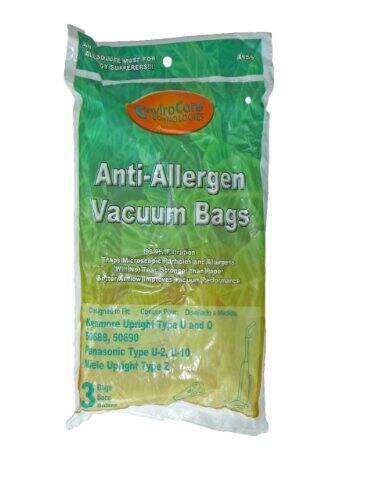 ALLERGY MOST FOR SUFFERERS!!!  
EcoViroCore TECHNOLOGIES  
Anti-Allergen Vacuum Bags  
(930) Microscopic Particles That Trap Allergens  
Cleans and Improves Vacuum Performance  
Designed to Fit:  
Kenmore Upright Type U and O  
Panasonic Type U-2, U-10  
Miele Upright Type Z  
3 Bags