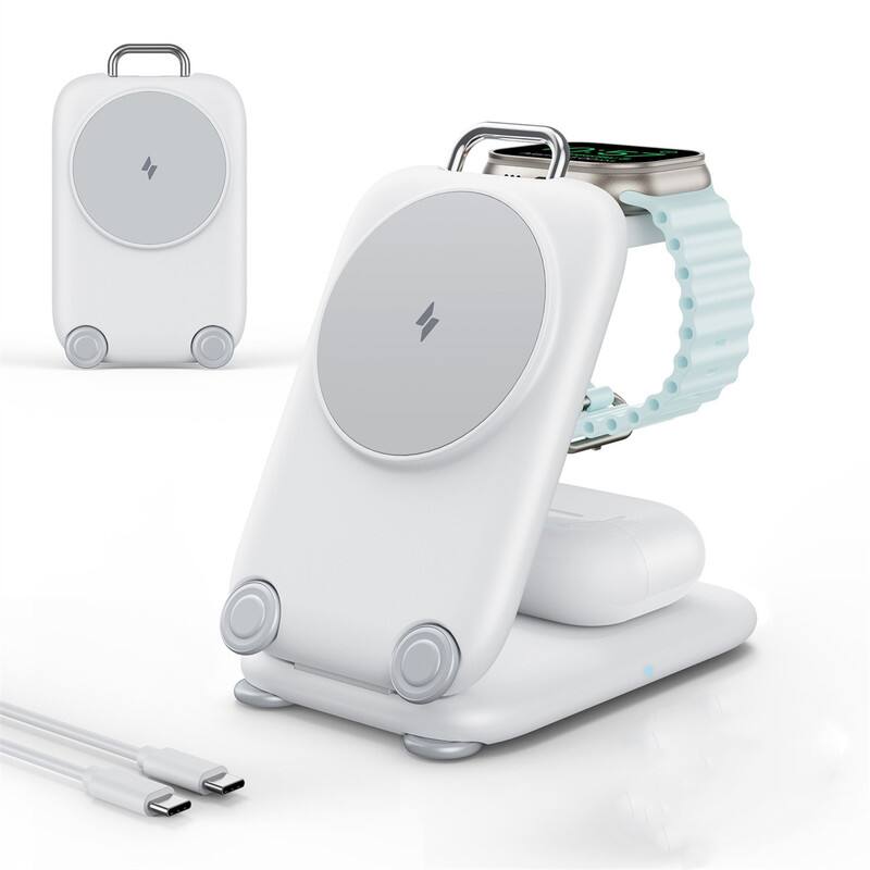 Left. RISOKEYS - Magnetic Wireless Charger - 3-in-1 Foldable Stand, 15W Desktop Wireless Charger for Apple iPhone 17 Pro - White.