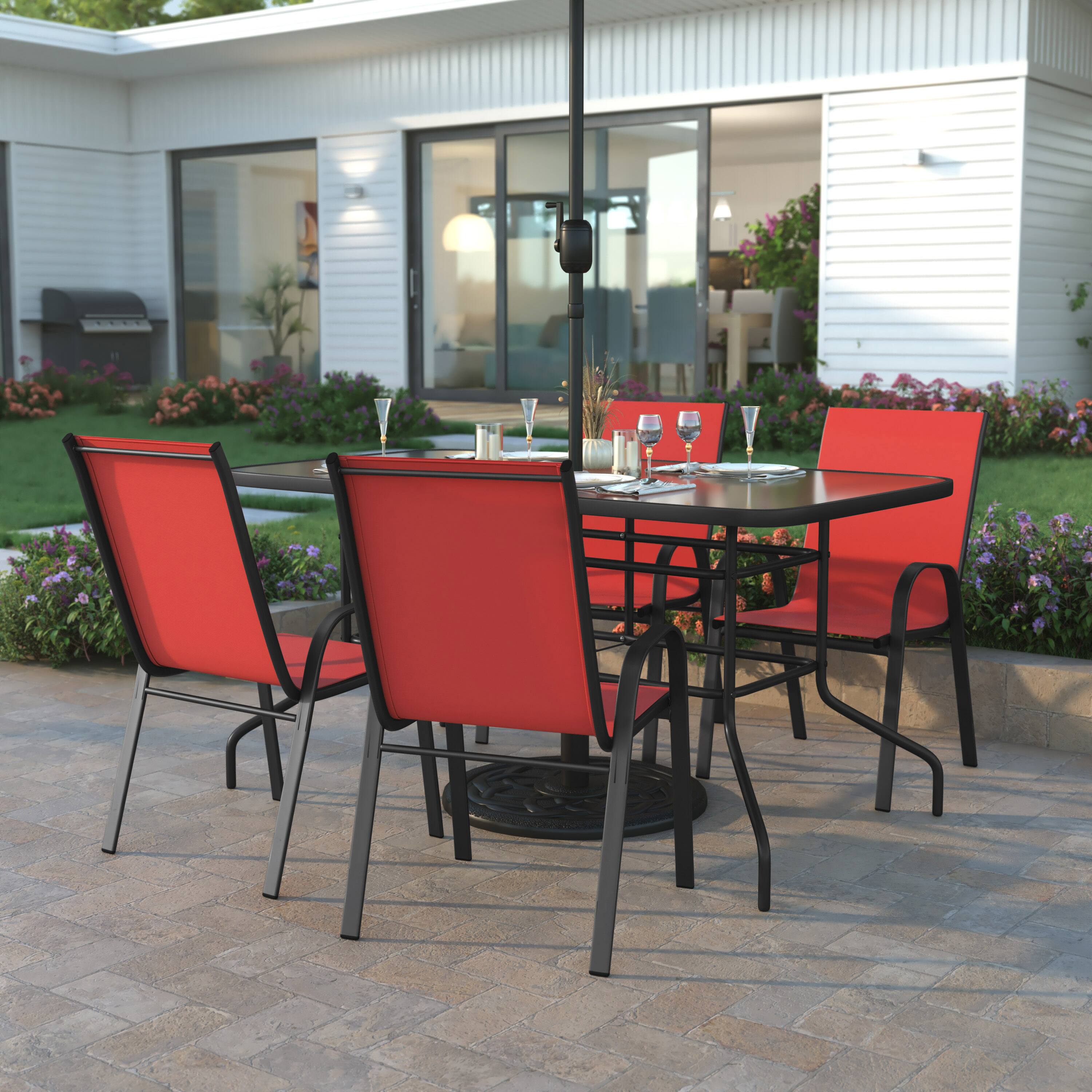 Alt View 1. Emma + Oliver - Five Piece Patio Table Set with Metal Table with Tempered Glass Top and 4 Flex Comfort Stacking Chairs - Red.