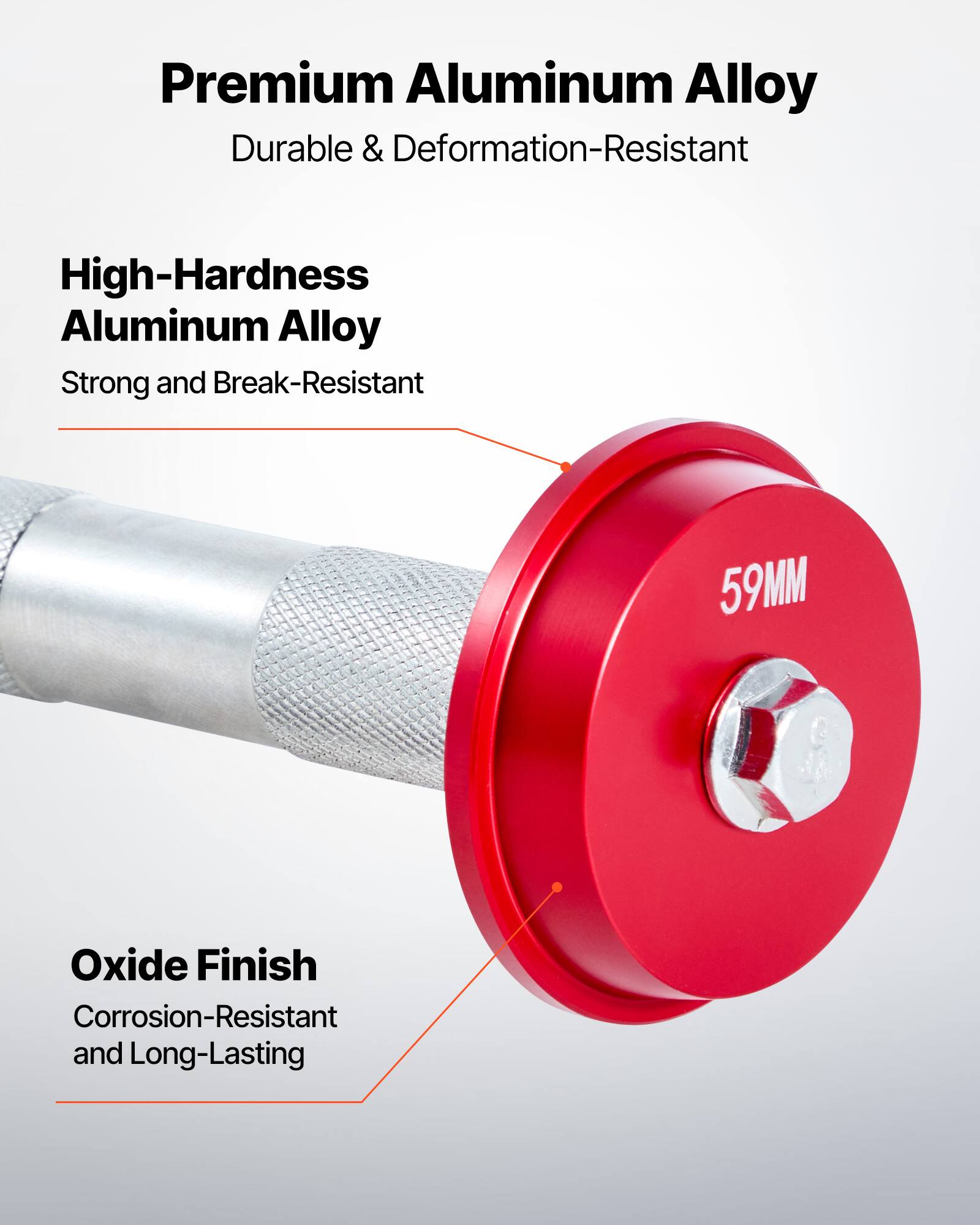 Premium Aluminum Alloy  
Durable & Deformation-Resistant  

High-Hardness Aluminum Alloy  
Strong and Break-Resistant  

Oxide Finish  
Corrosion-Resistant and Long-Lasting  

59MM