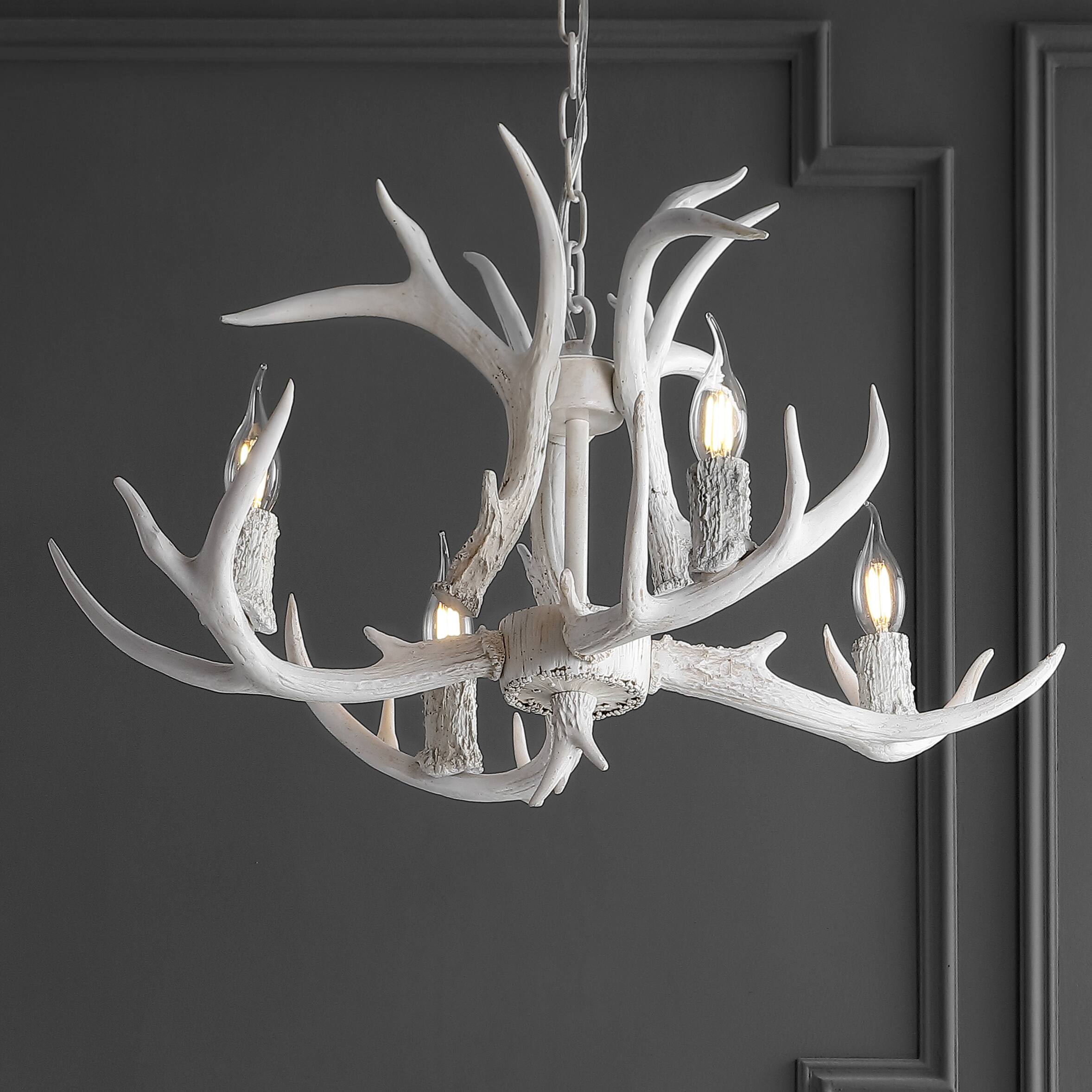 Alt View 7. Jonathan Y - Eldora 26" 4-Light Rustic Farmhouse Adjustable Resin Antler LED Chandelier, White - Antique White.